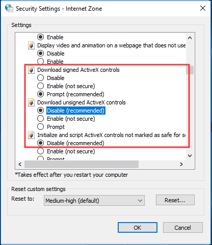 security ActiveX settings