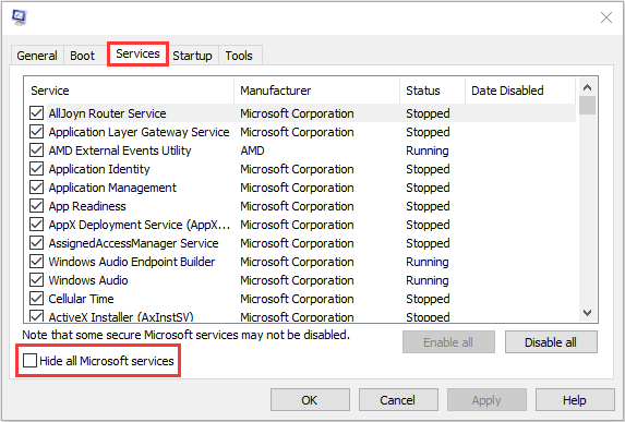 check the Hide all Microsoft services box