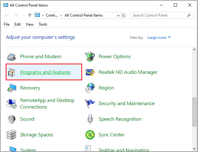 click the Programs and Features section