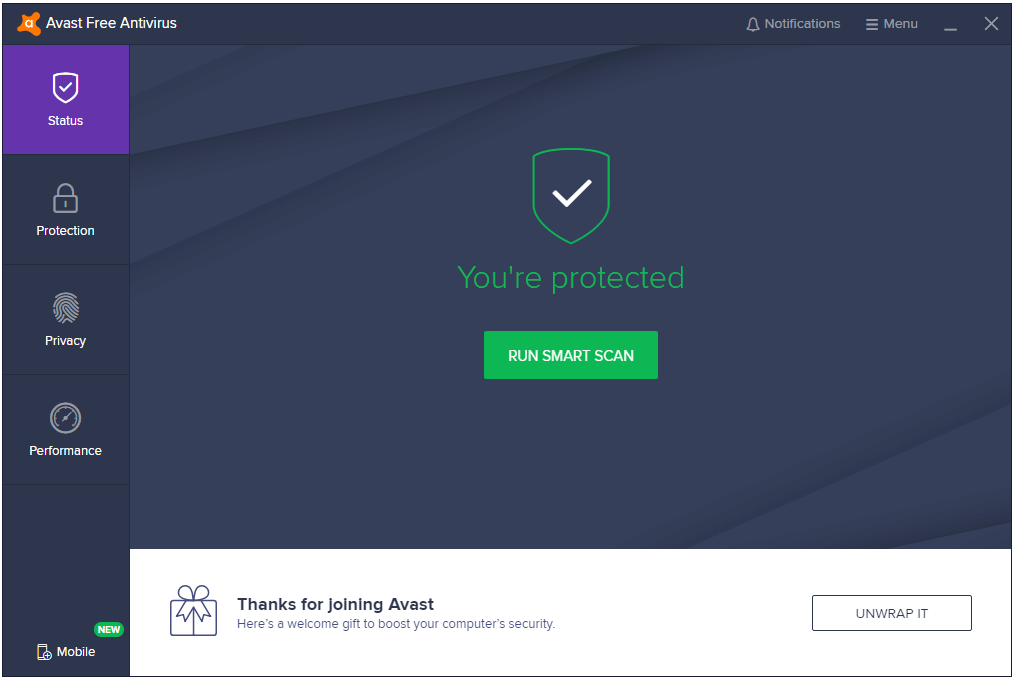the main interface of Avast