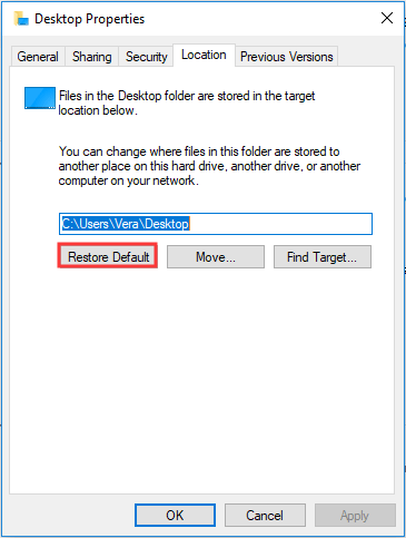 restore the desktop default path