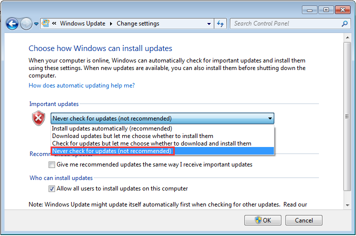 select Never check for updates(not recommended)