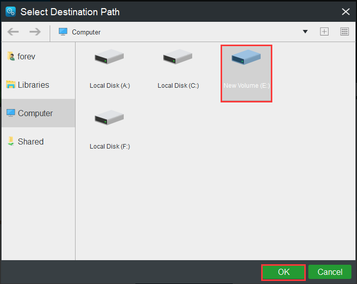 select the drive you want to store the disk image