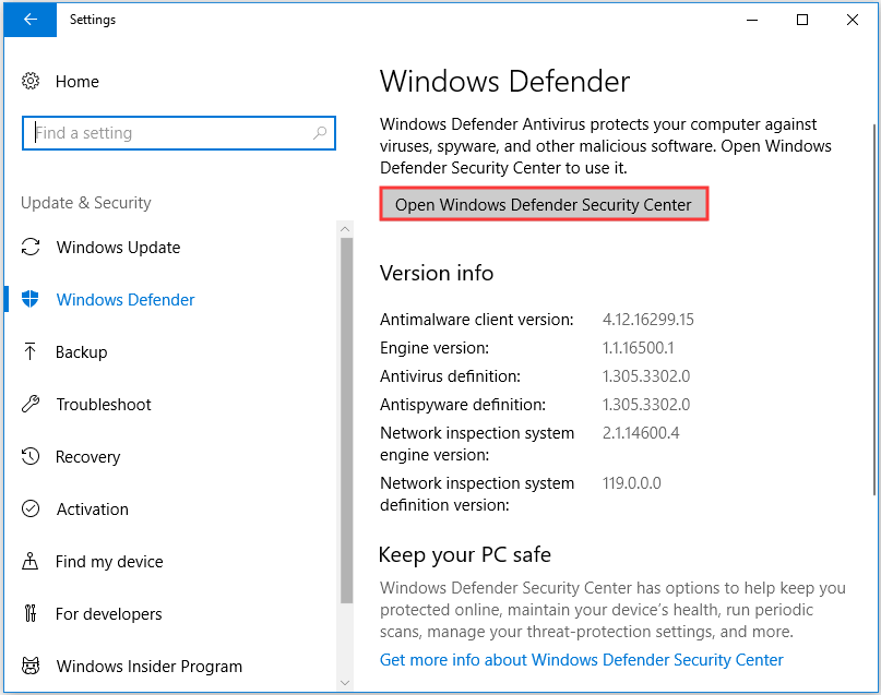 choose Open Windows Defender Security Center