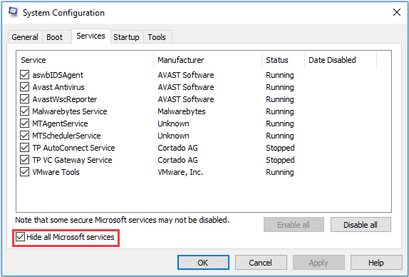 check the Hide all Microsoft services option