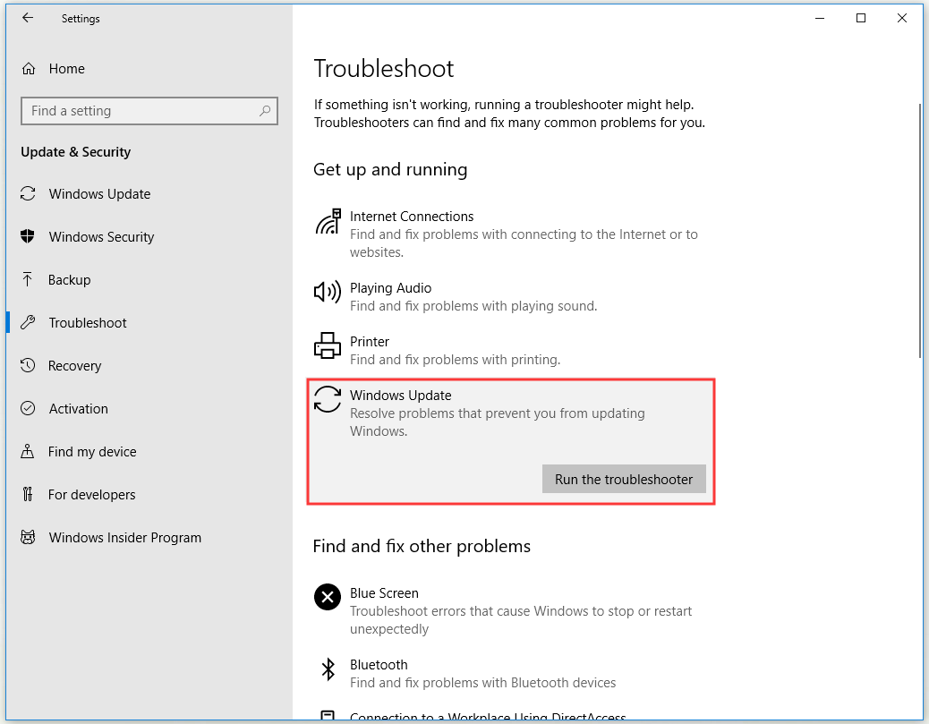 run the Windows Updates troubleshooter