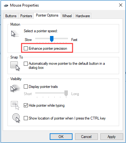 uncheck the option Enhance pointer precision