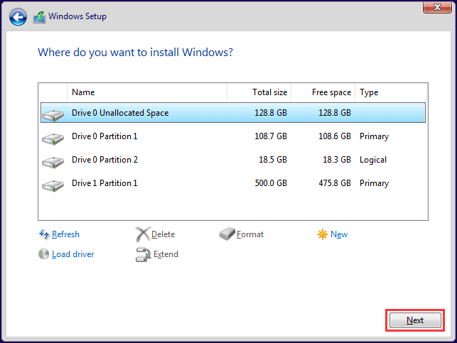 Drive 0 unallocated space