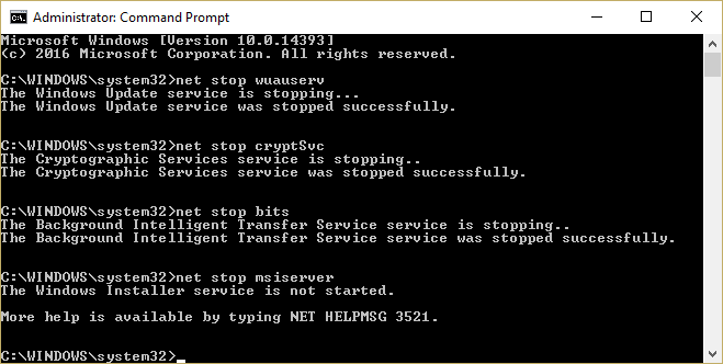 type the commands to stop Windows Update Services