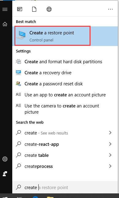 select Create a restore point