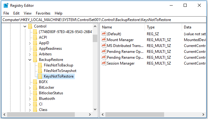 registry keys that are not backed up