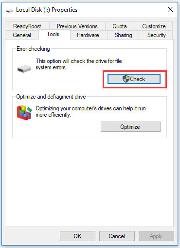 run check disk in drive properties