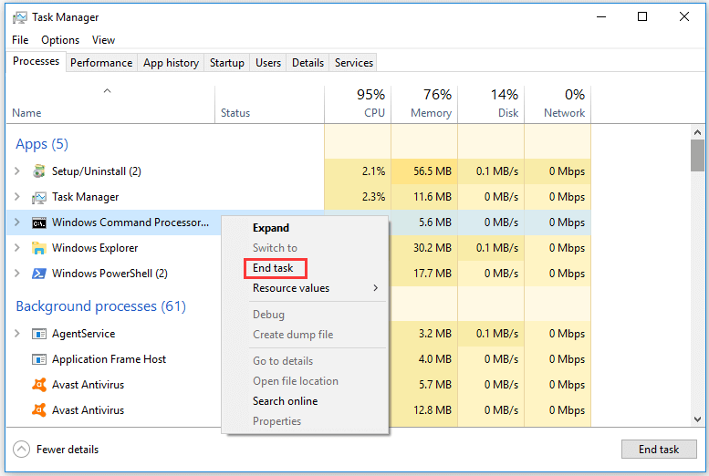 fix Command Prompt not responding in Task Manager