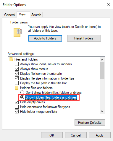 select Show hidden folders, files, and drives