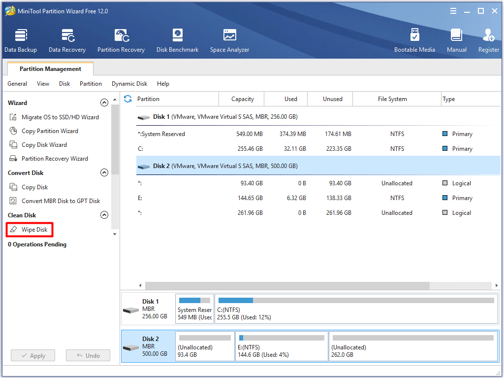 select the drive to clean and choose wipe disk
