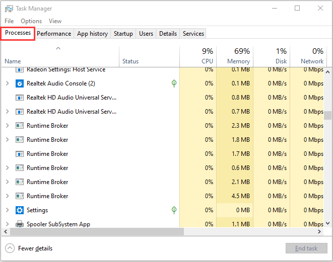 check each running process listed in the window