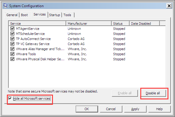 check Hide all Microsoft services and click Disable all