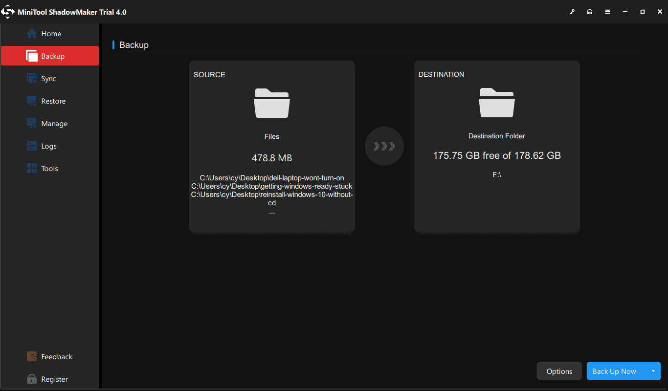 MiniTool ShadowMaker backs up files