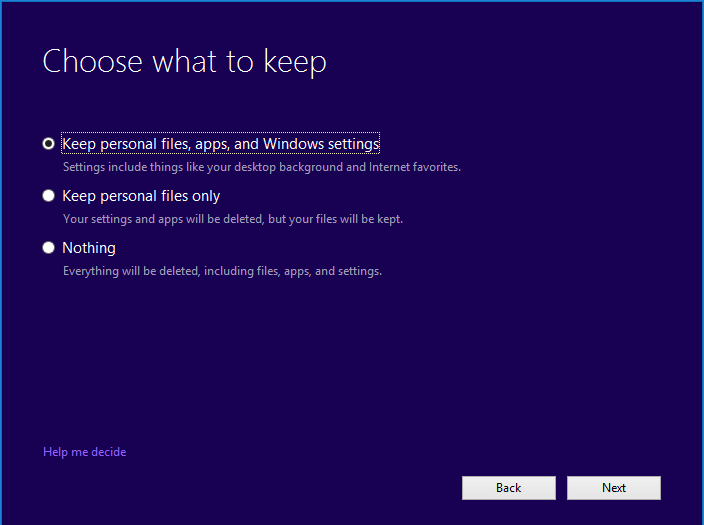 select the Keep personal files, apps, and Windows settings option