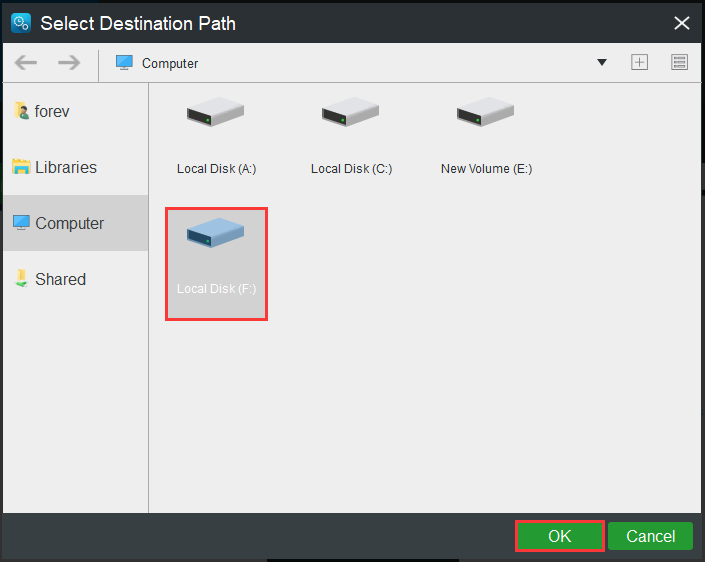 choose the backup destination