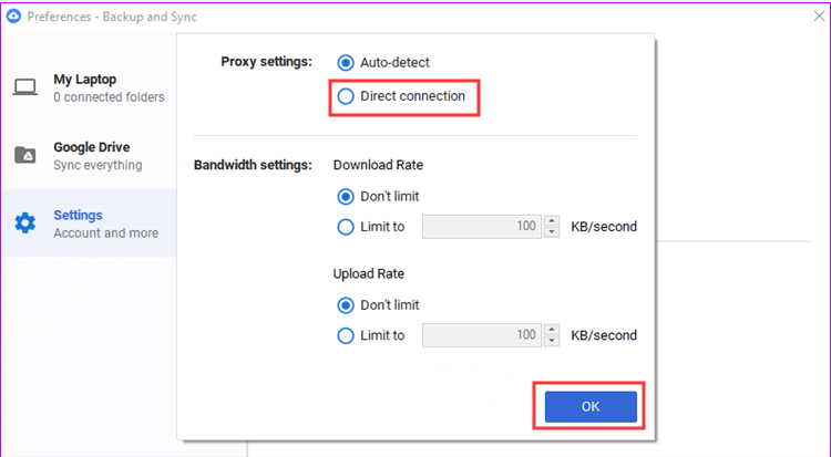 check the option Direct connection