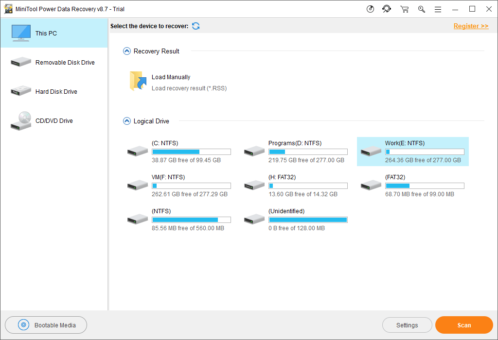 select the target drive to scan