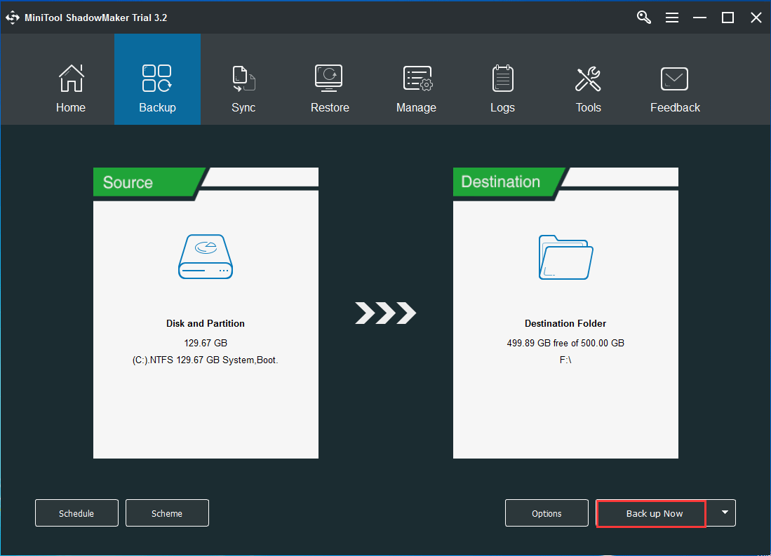 MiniTool ShadowMaker backs up Windows 7