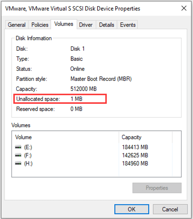 check unallocated space in Disk Management