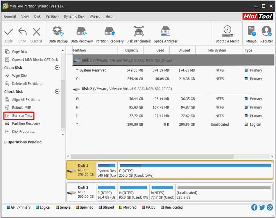 choose the surface test feature