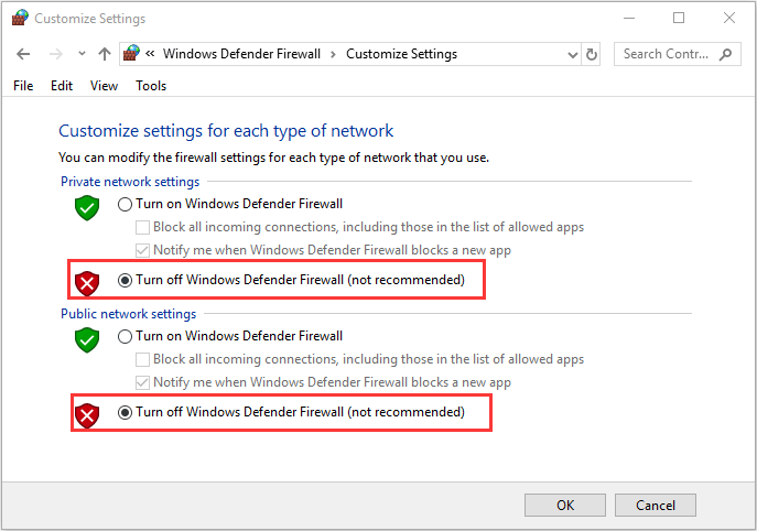 turn off Windows Defender Firewall