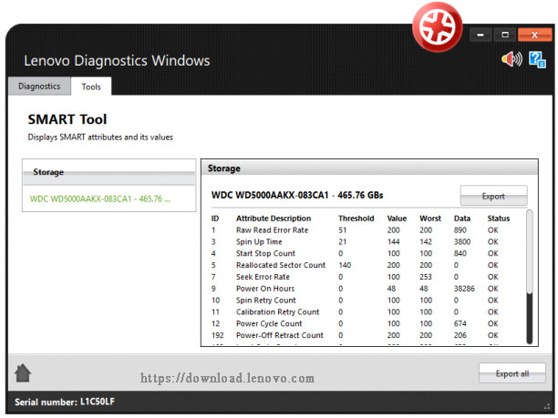 the SAMRT tool of Lenovo diagnostics