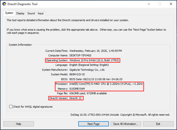 information about the operating system, Processor, Memory and DirectX version