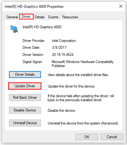 click Update Driver under the Driver tab