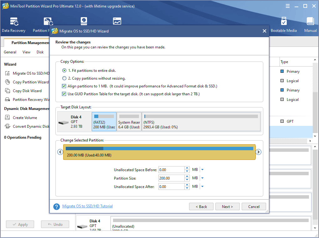 choose right copy options and adjust the target disk layout