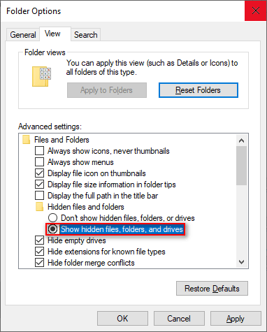 Show hidden files, folders, and drives