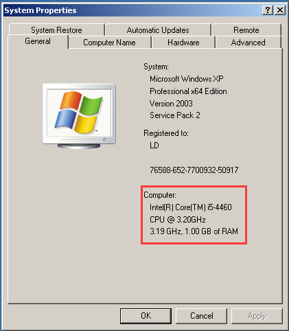 system properties in Windows XP