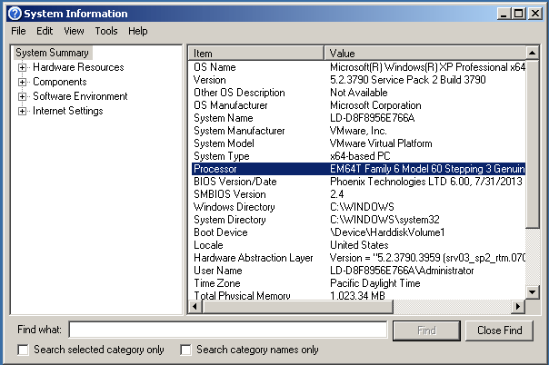 system information of Windows XP