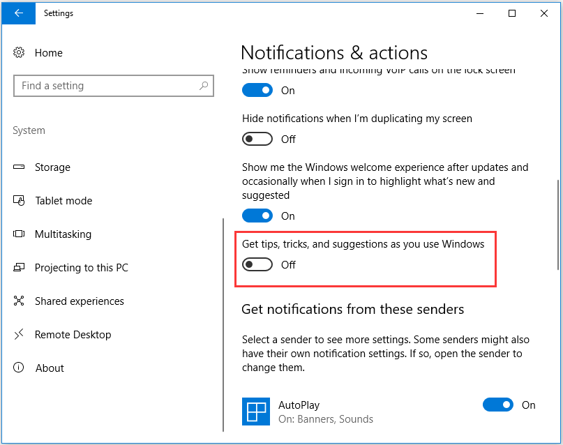 turn off Get tips, tricks, and suggestions as you use Windows