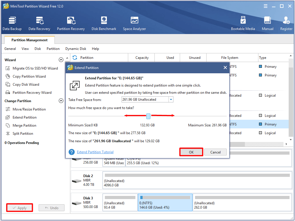 execute the extend partition operation