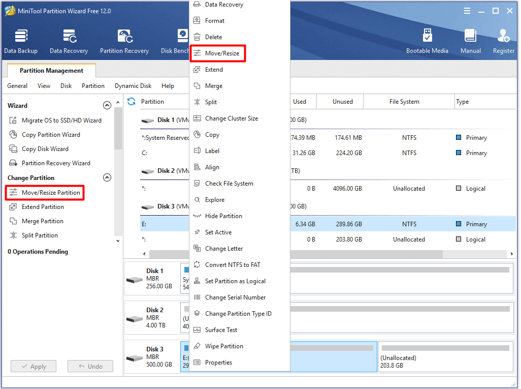 click on move or resize partition feature