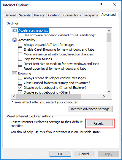 reset Internet Explorer settings