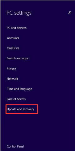 click the Update and recovery option from the Settings menu