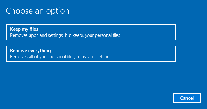 select one option to factory reset your laptop.