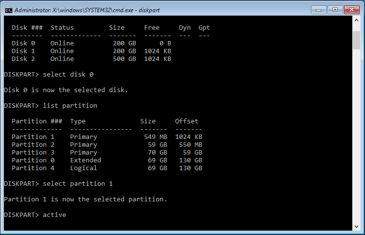 type the set partition as active commands