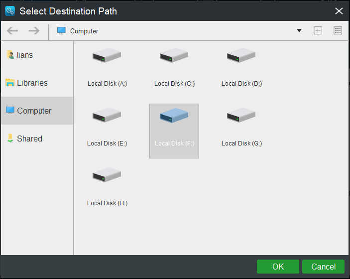 choose your USB flash drive as the backup destination