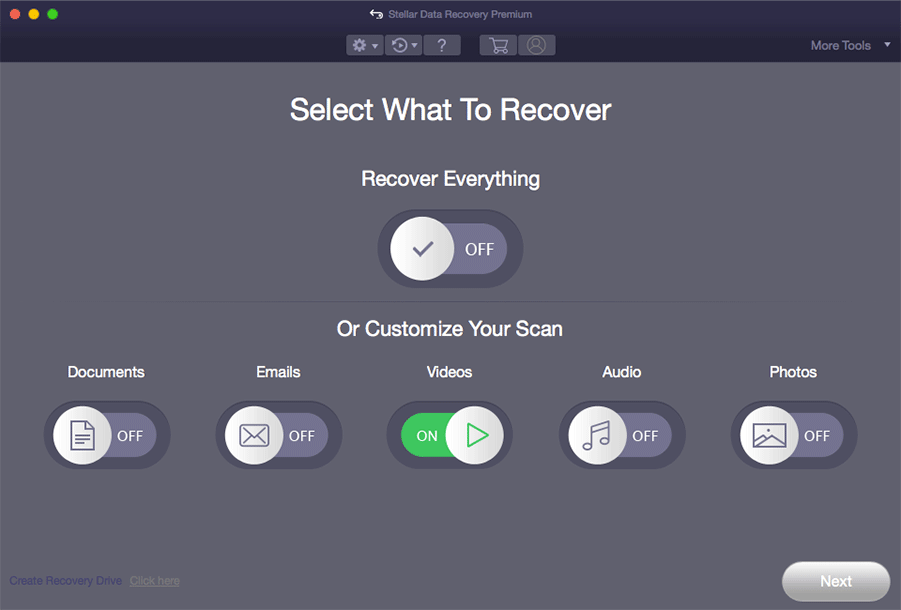 select the data type you want to recover