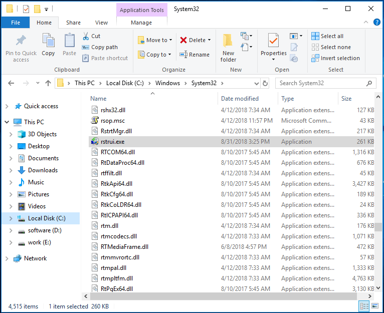 rstrui.exe in Windows 10 File Explorer