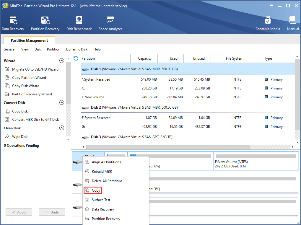 copy disk with MiniTool Partition Wizard