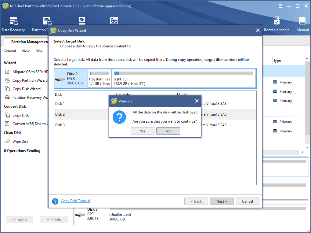 select a target disk where the data will be copied to