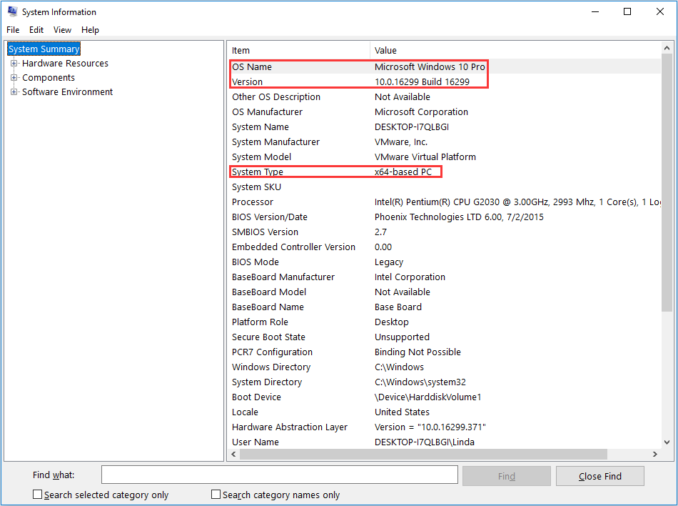 use msinfo32 to check Windows OS information